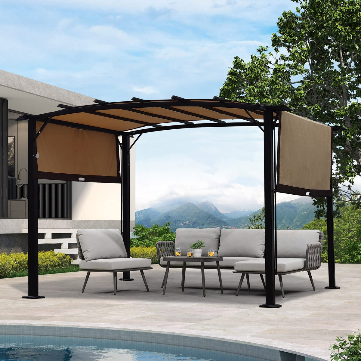 12 x 9 ft Steel Patio Pergola with Retractable Canopy