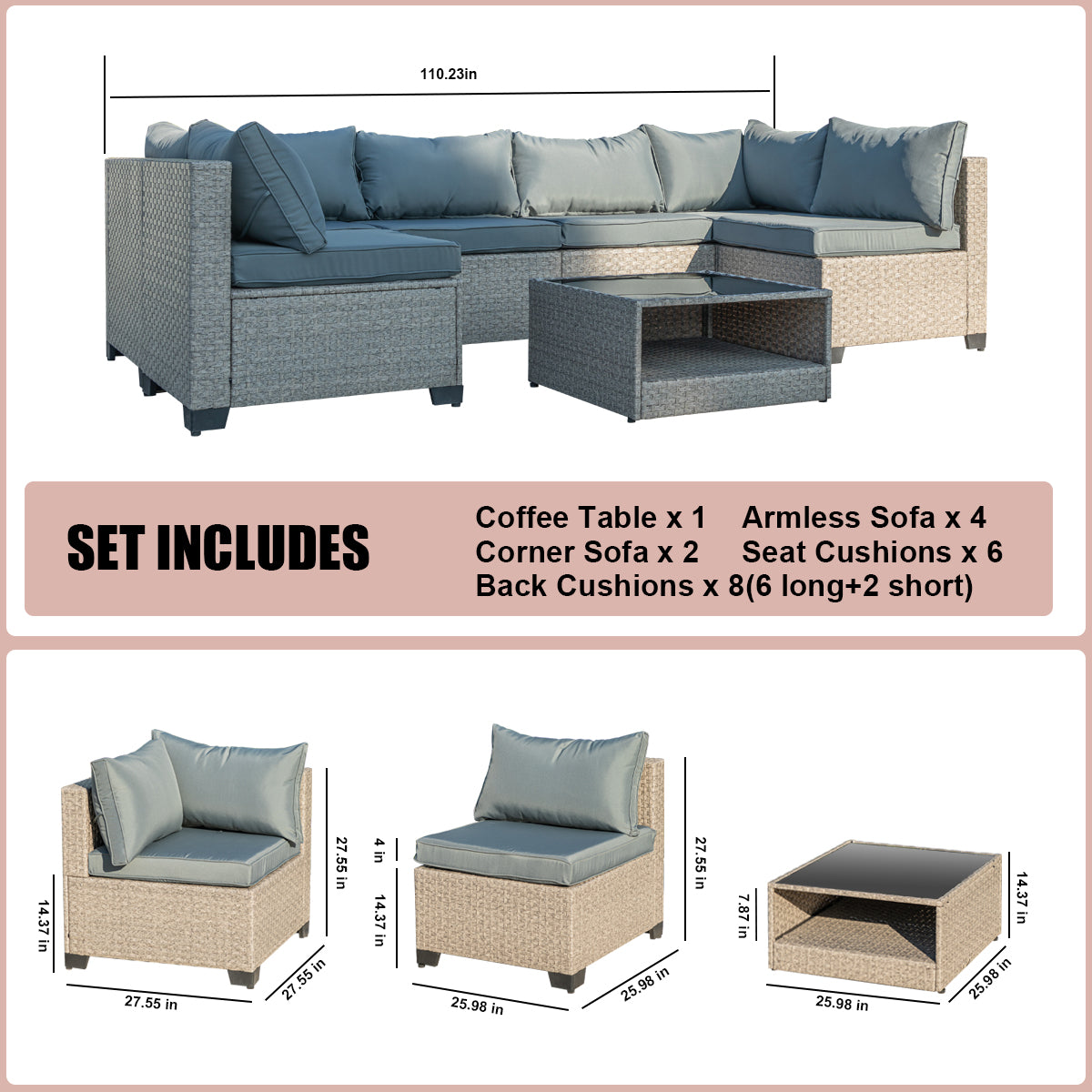 7-Piece Boho Patio Sectional Set with Gray Cushions