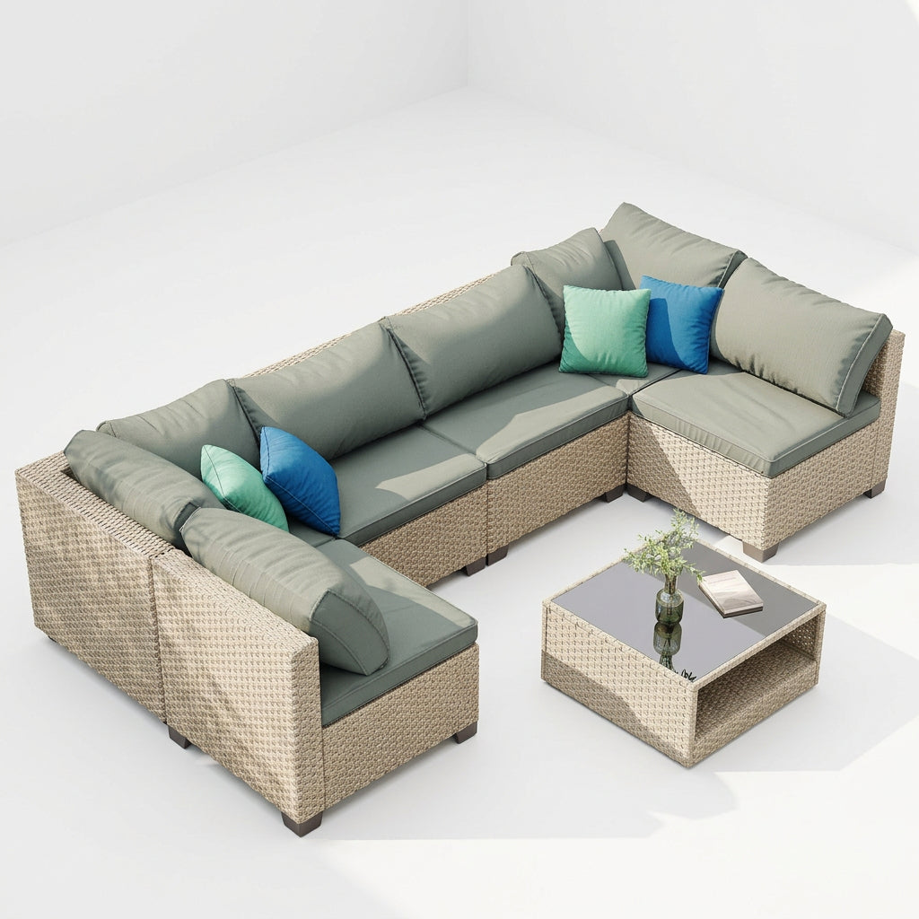 7-Piece Boho Patio Sectional Set with Gray Cushions