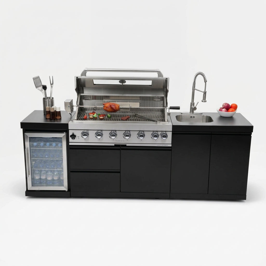 Stainless Steel Outdoor Kitchen Grill with Built-In Refrigerator - Brushed Stainless Steel