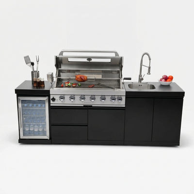 Stainless Steel Outdoor Kitchen Grill with Built-In Refrigerator - Brushed Stainless Steel