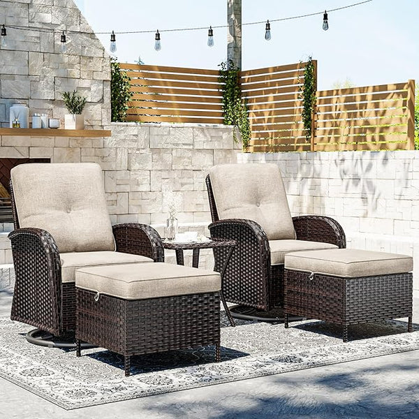 5-pc Wicker Patio Set with Swivel Chairs and Ottomans