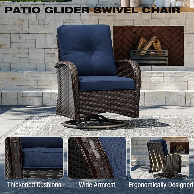 5-pc Wicker Patio Set with Swivel Chairs and Ottomans, Brown/Blue