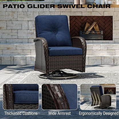 5-pc Wicker Patio Set with Swivel Chairs and Ottomans, Brown/Blue