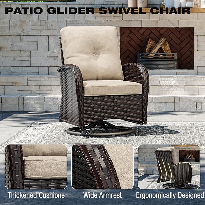 5-pc Wicker Patio Set with Swivel Chairs and Ottomans