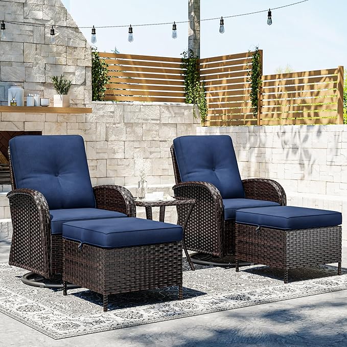 5-pc Wicker Patio Set with Swivel Chairs and Ottomans, Brown/Blue
