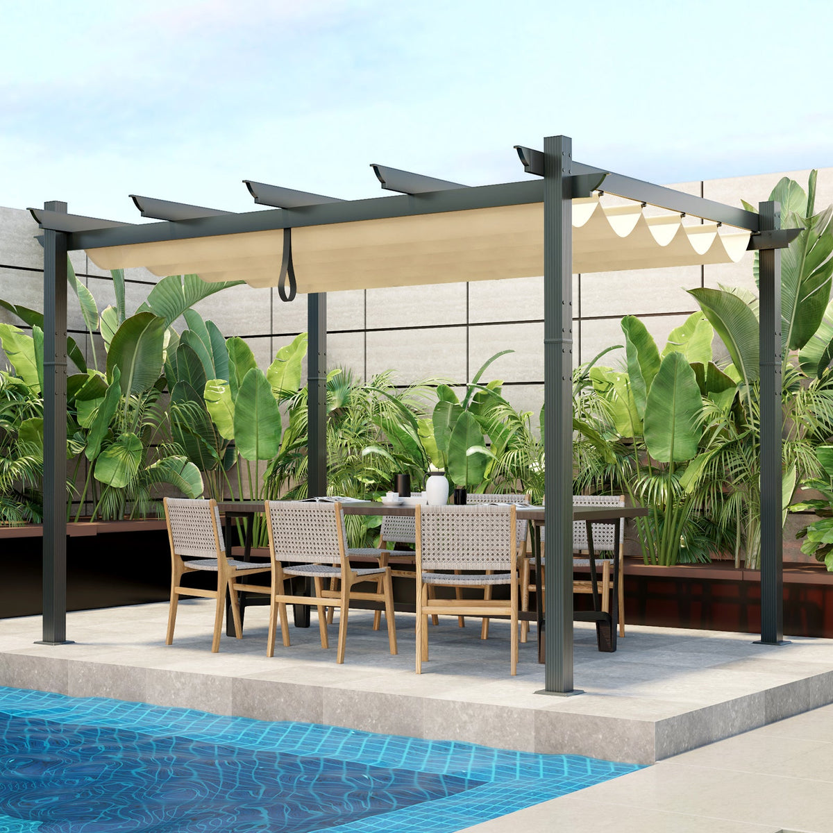10 x 12 ft Aluminum Pergola with Retractable Canopy