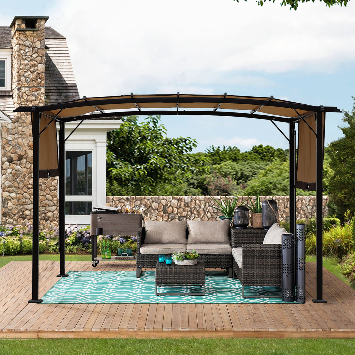 12 x 9 ft Steel Patio Pergola with Retractable Canopy