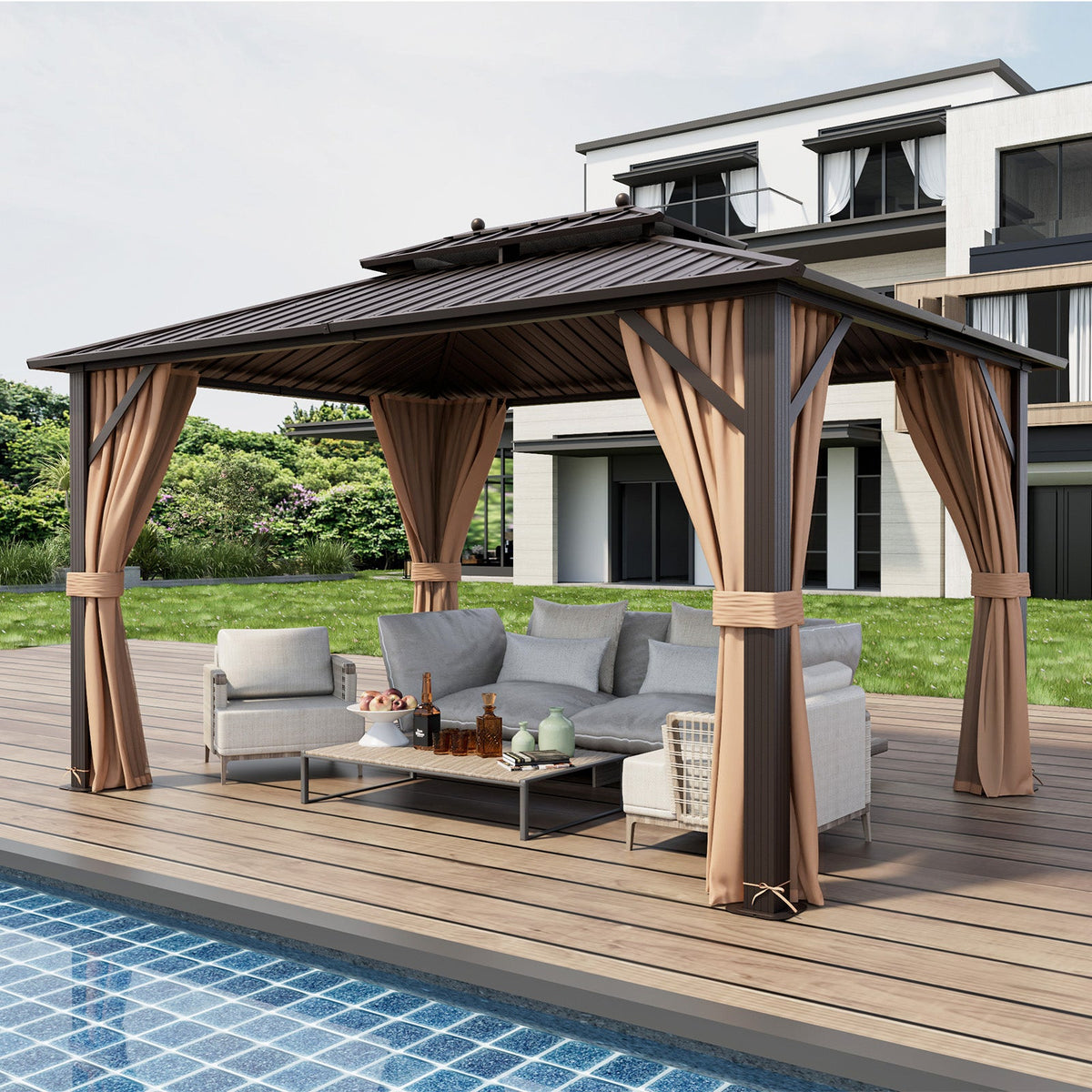 10 x 13 ft Hardtop Gazebo with Curtains and Netting, Coffee