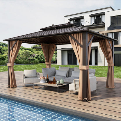 10 x 13 ft Hardtop Gazebo with Curtains and Netting, Coffee