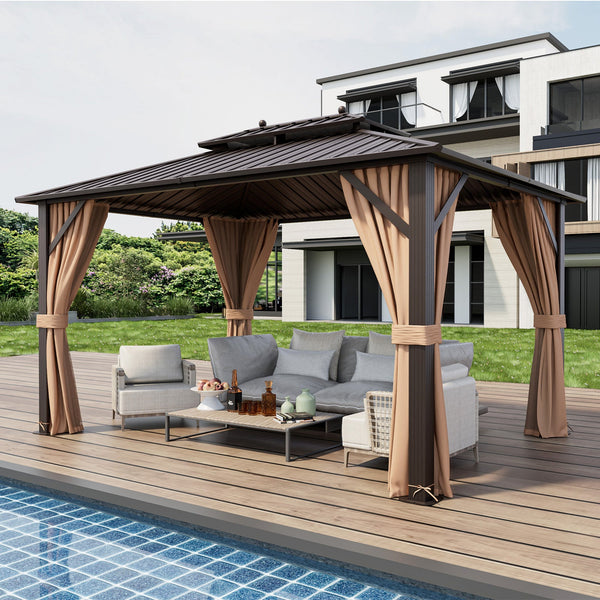 10 x 13 ft Hardtop Gazebo with Curtains and Netting, Coffee