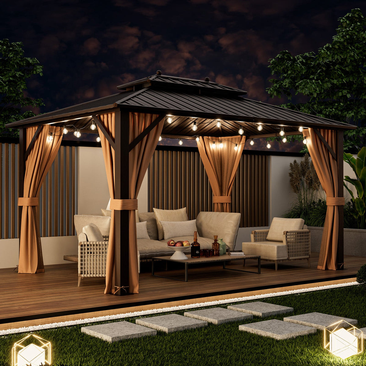 10 x 13 ft Hardtop Gazebo with Curtains and Netting, Coffee