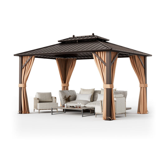 10 x 13 ft Hardtop Gazebo with Curtains and Netting, Coffee