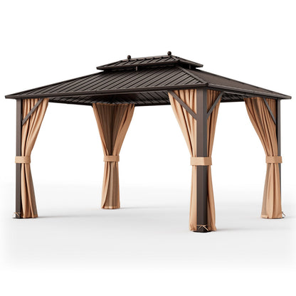 10 x 13 ft Hardtop Gazebo with Curtains and Netting, Coffee