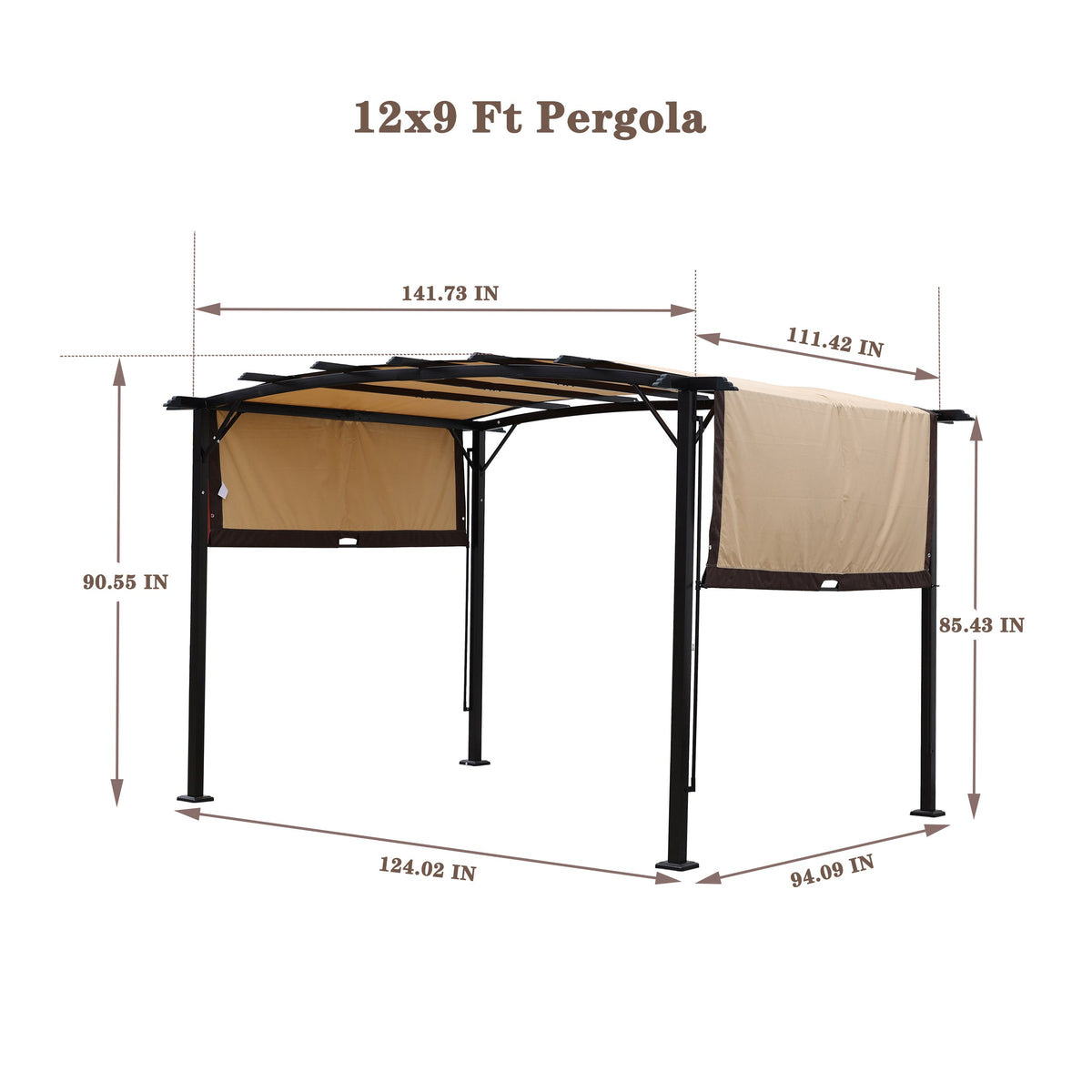 12 x 9 ft Steel Patio Pergola with Retractable Canopy