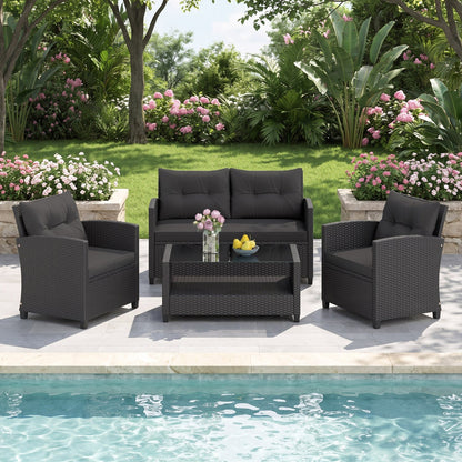 4-Piece Rattan Patio Set with Glass-Top Coffee Table, Gray