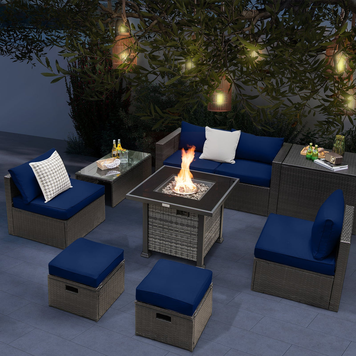 9-Piece Patio Set with 50,000-BTU Propane Fire Pit Table