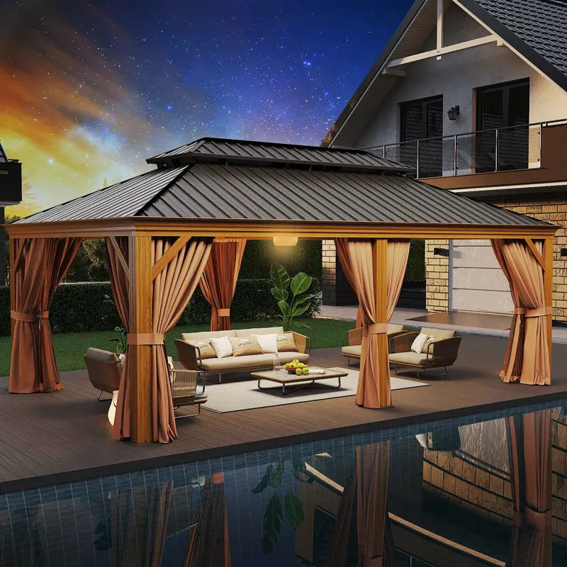 12 x 20 ft Aluminum Cedar Wood Grain Look Frame Gazebo with Steel Hardtop