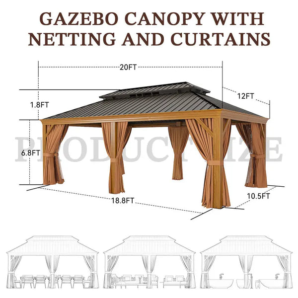 12 x 20 ft Aluminum Cedar Wood Grain Look Frame Gazebo with Steel Hardtop