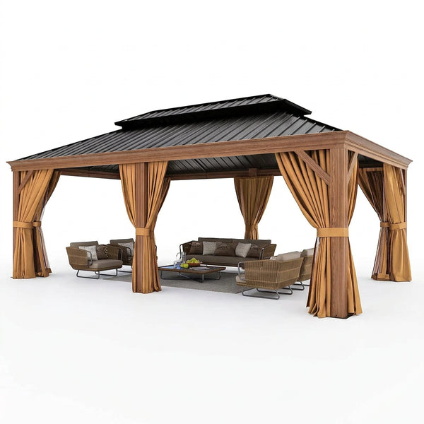 12 x 20 ft Aluminum Cedar Wood Grain Look Frame Gazebo with Steel Hardtop