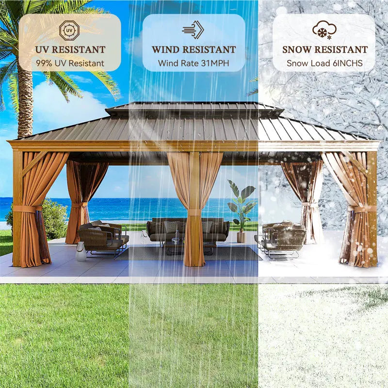 12 x 20 ft Aluminum Cedar Wood Grain Look Frame Gazebo with Steel Hardtop