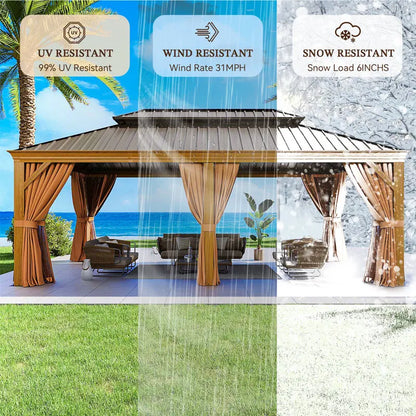 12 x 20 ft Aluminum Cedar Wood Grain Look Frame Gazebo with Steel Hardtop