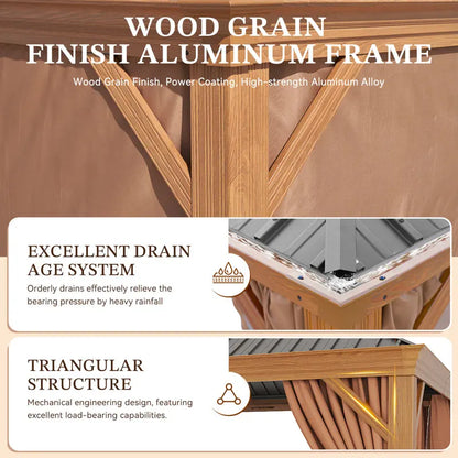 12 x 20 ft Aluminum Cedar Wood Grain Look Frame Gazebo with Steel Hardtop