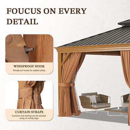 12 x 20 ft Aluminum Cedar Wood Grain Look Frame Gazebo with Steel Hardtop
