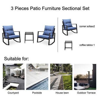 3-Piece Patio Rocker Bistro Set with Blue Cushions