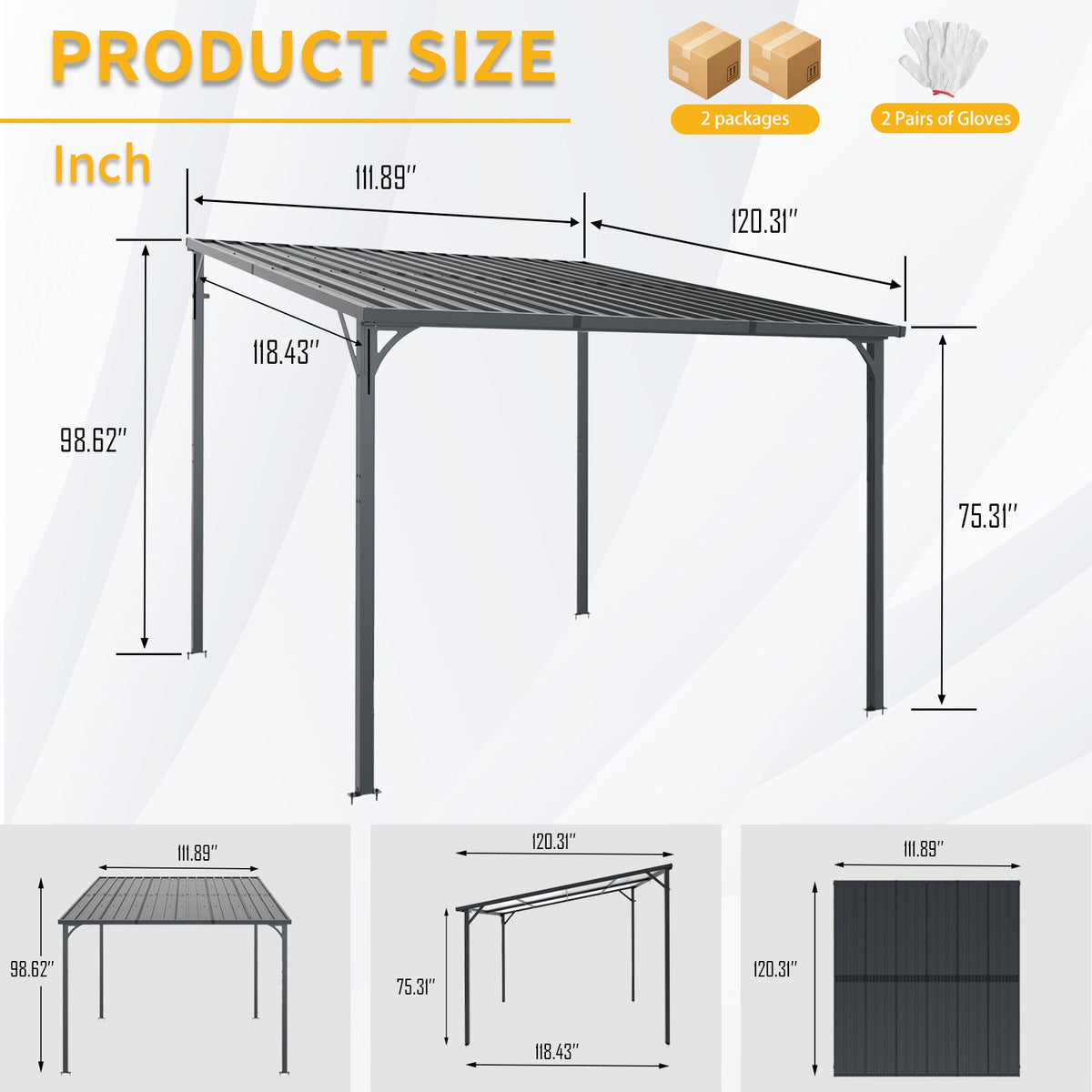 10 x 10 ft Galvanized Steel Hardtop Pergola, Gray