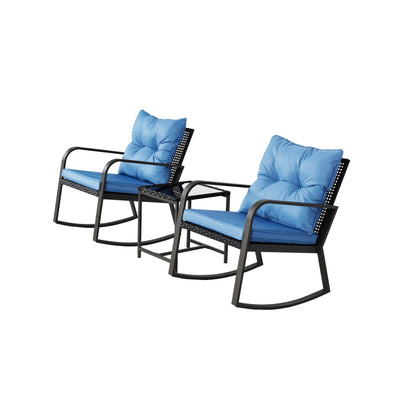 3-Piece Patio Rocker Bistro Set with Blue Cushions