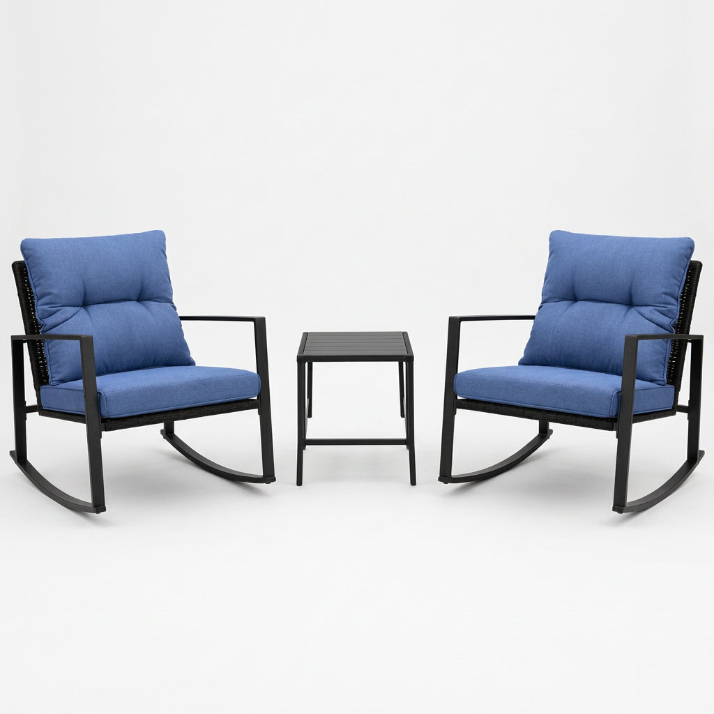 3-Piece Patio Rocker Bistro Set with Blue Cushions