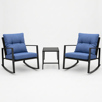 3-Piece Patio Rocker Bistro Set with Blue Cushions