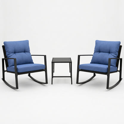 3-Piece Patio Rocker Bistro Set with Blue Cushions