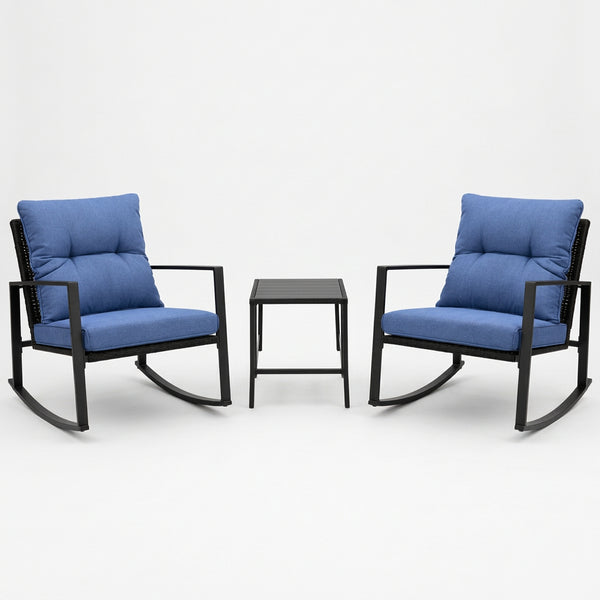 3-Piece Patio Rocker Bistro Set with Blue Cushions