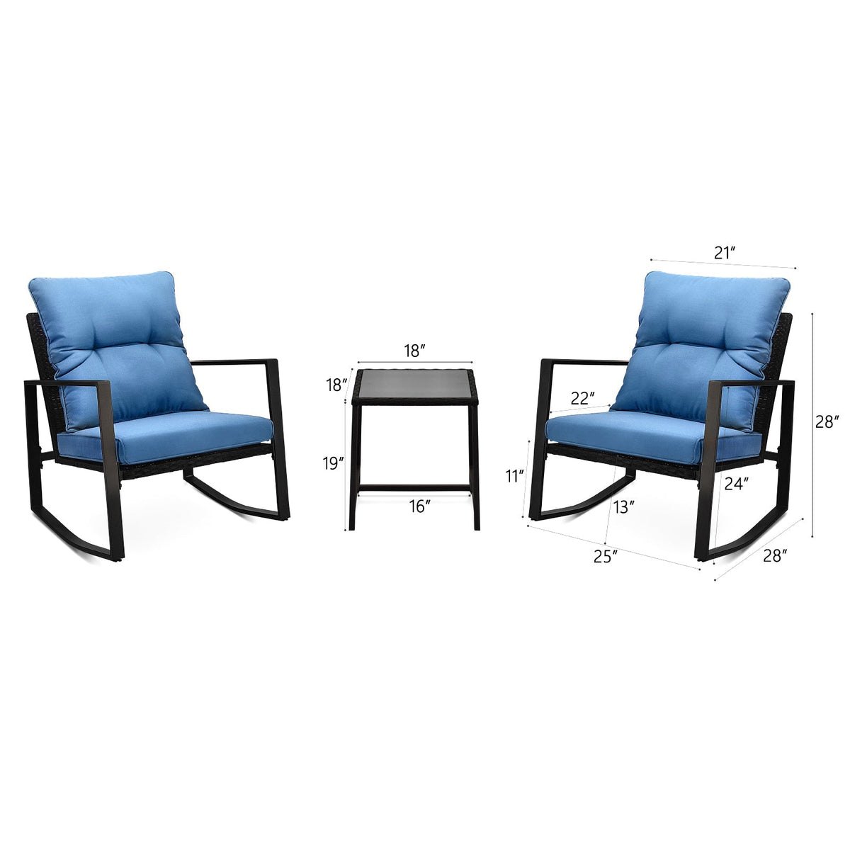 3-Piece Patio Rocker Bistro Set with Blue Cushions