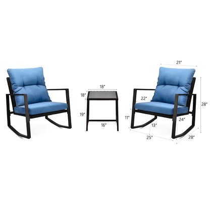 3-Piece Patio Rocker Bistro Set with Blue Cushions