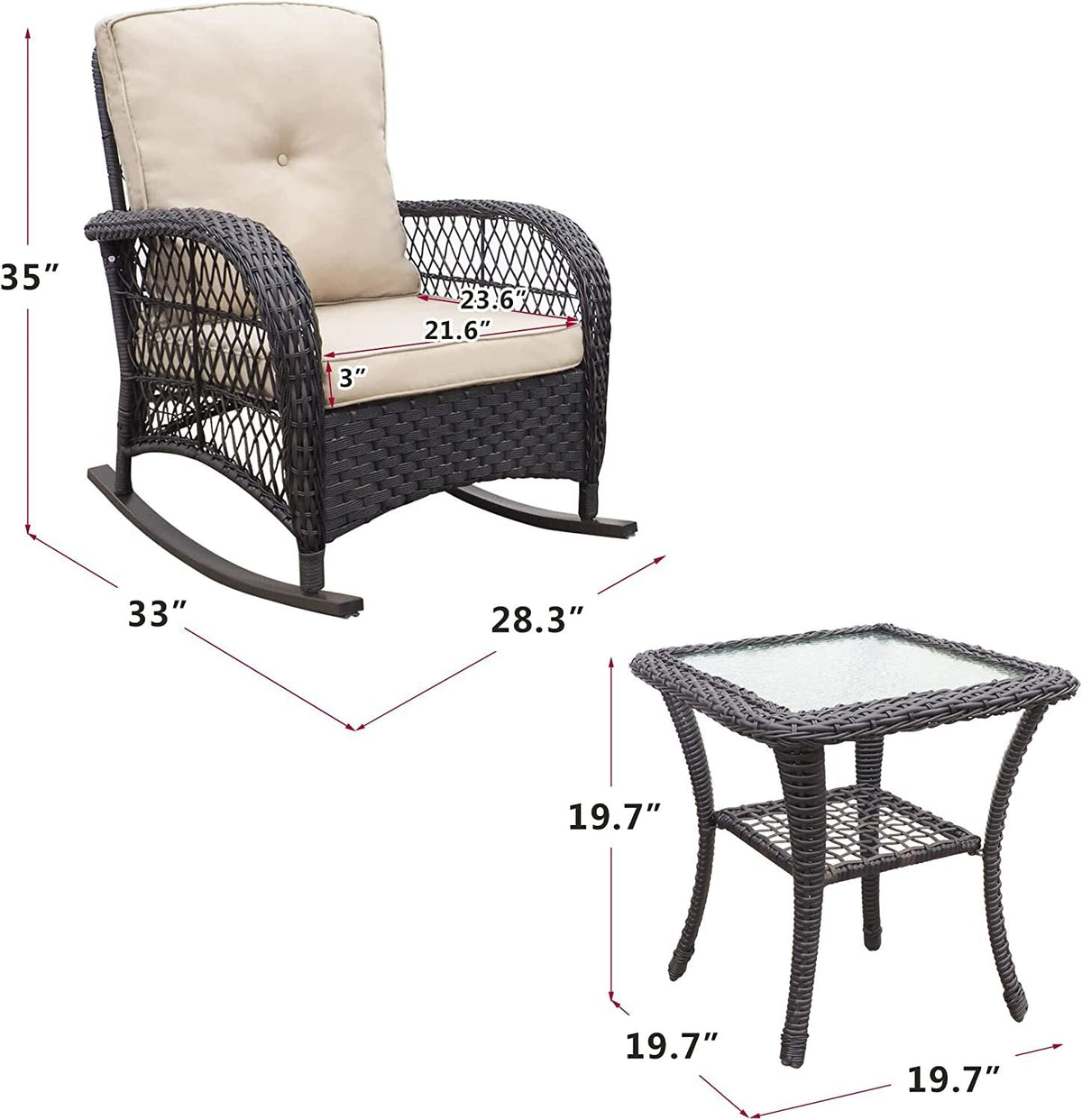 3 Pc Outdoor Wicker Rocker Patio Bistro Set
