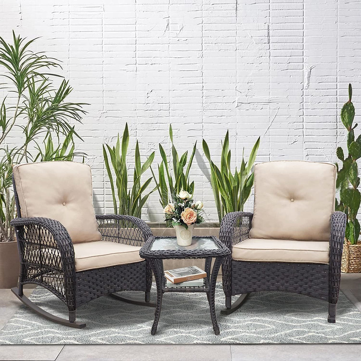 3 Pc Outdoor Wicker Rocker Patio Bistro Set