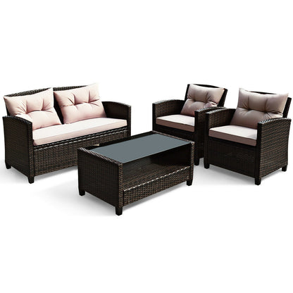 4-Piece Rattan Patio Set with Glass-Top Coffee Table, Gray