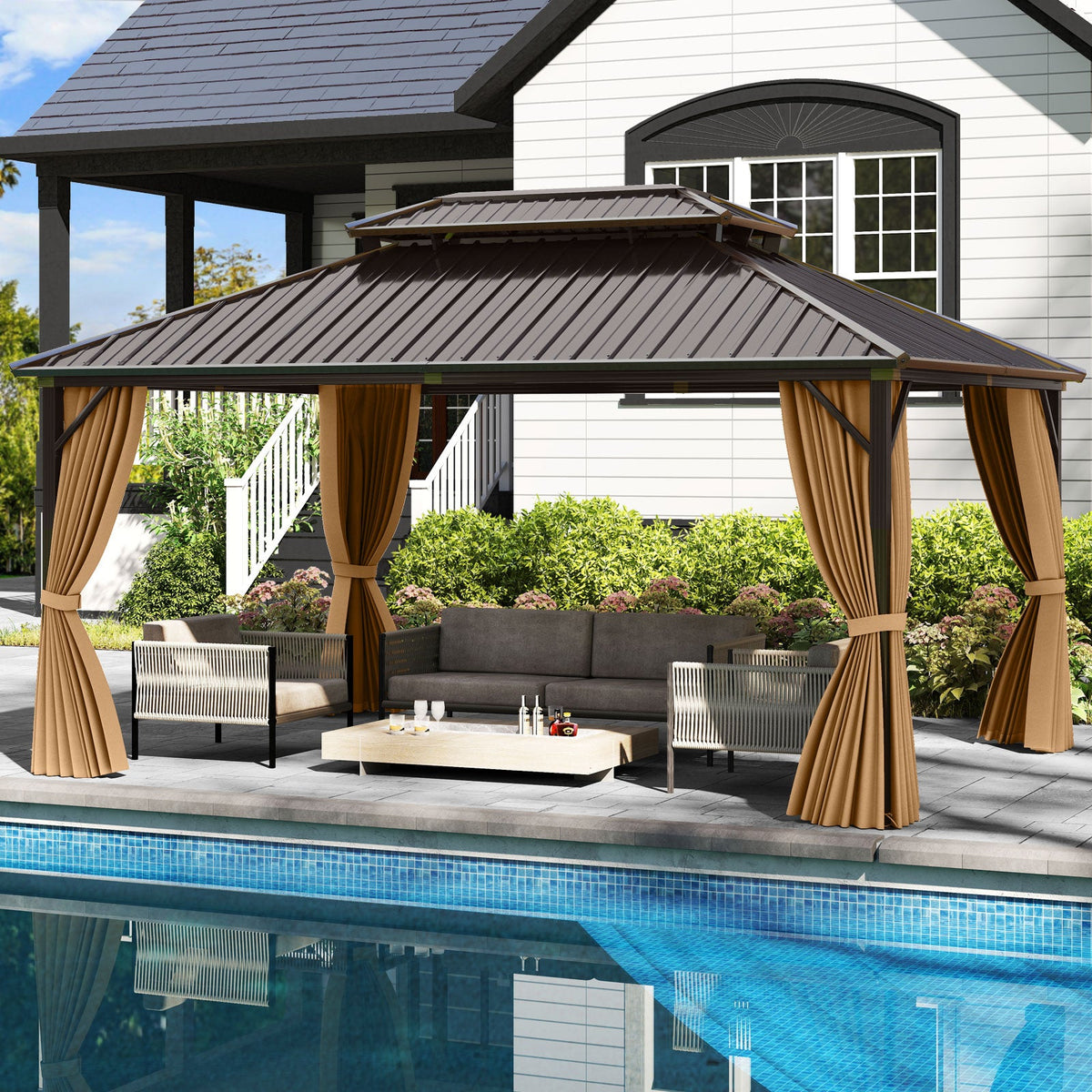 16 x 12 ft Aluminum-Frame Hardtop Gazebo with Curtains & Netting, Coffee
