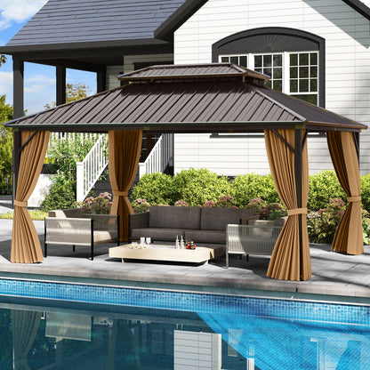 16 x 12 ft Aluminum-Frame Hardtop Gazebo with Curtains & Netting, Coffee