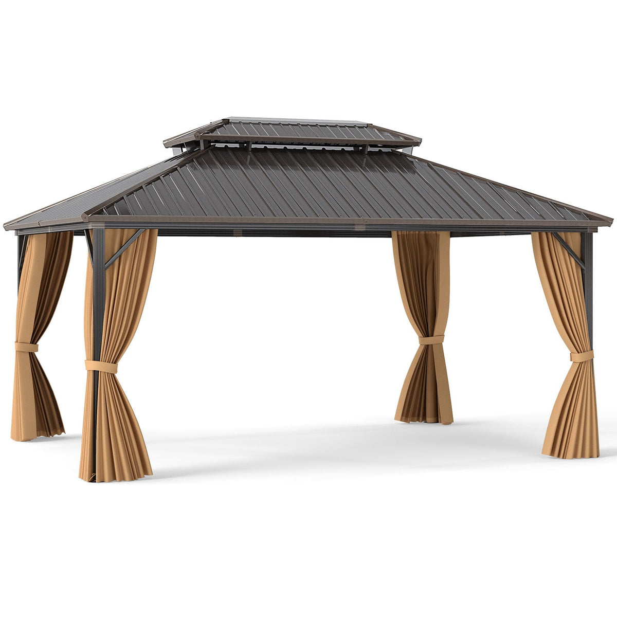 16 x 12 ft Aluminum-Frame Hardtop Gazebo with Curtains & Netting, Coffee