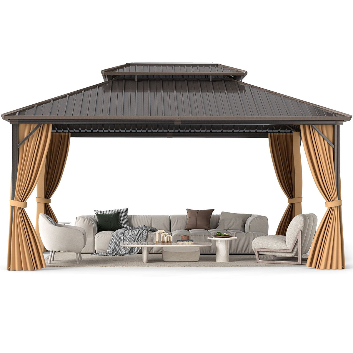 16 x 12 ft Aluminum-Frame Hardtop Gazebo with Curtains & Netting, Coffee