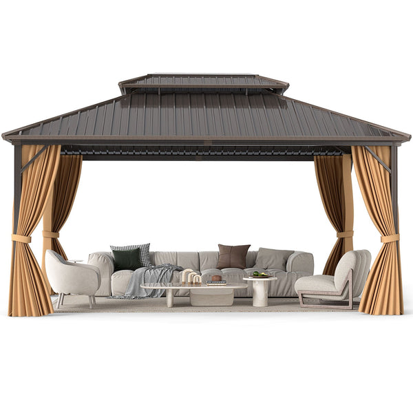16 x 12 ft Aluminum-Frame Hardtop Gazebo with Curtains & Netting, Coffee