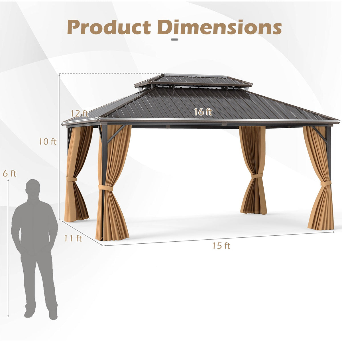 16 x 12 ft Aluminum-Frame Hardtop Gazebo with Curtains & Netting, Coffee