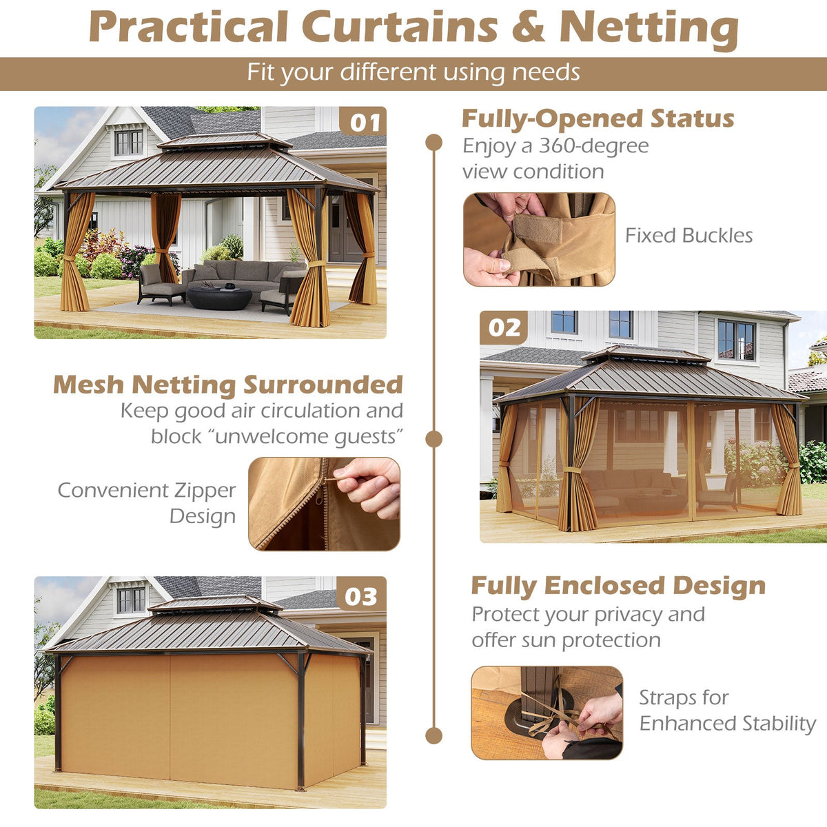 16 x 12 ft Aluminum-Frame Hardtop Gazebo with Curtains & Netting, Coffee