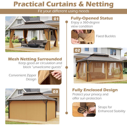 16 x 12 ft Aluminum-Frame Hardtop Gazebo with Curtains & Netting, Coffee