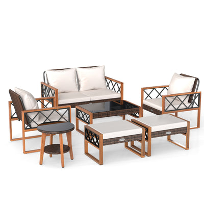 7-Piece Wicker & Acacia Wood Patio Conversation Set
