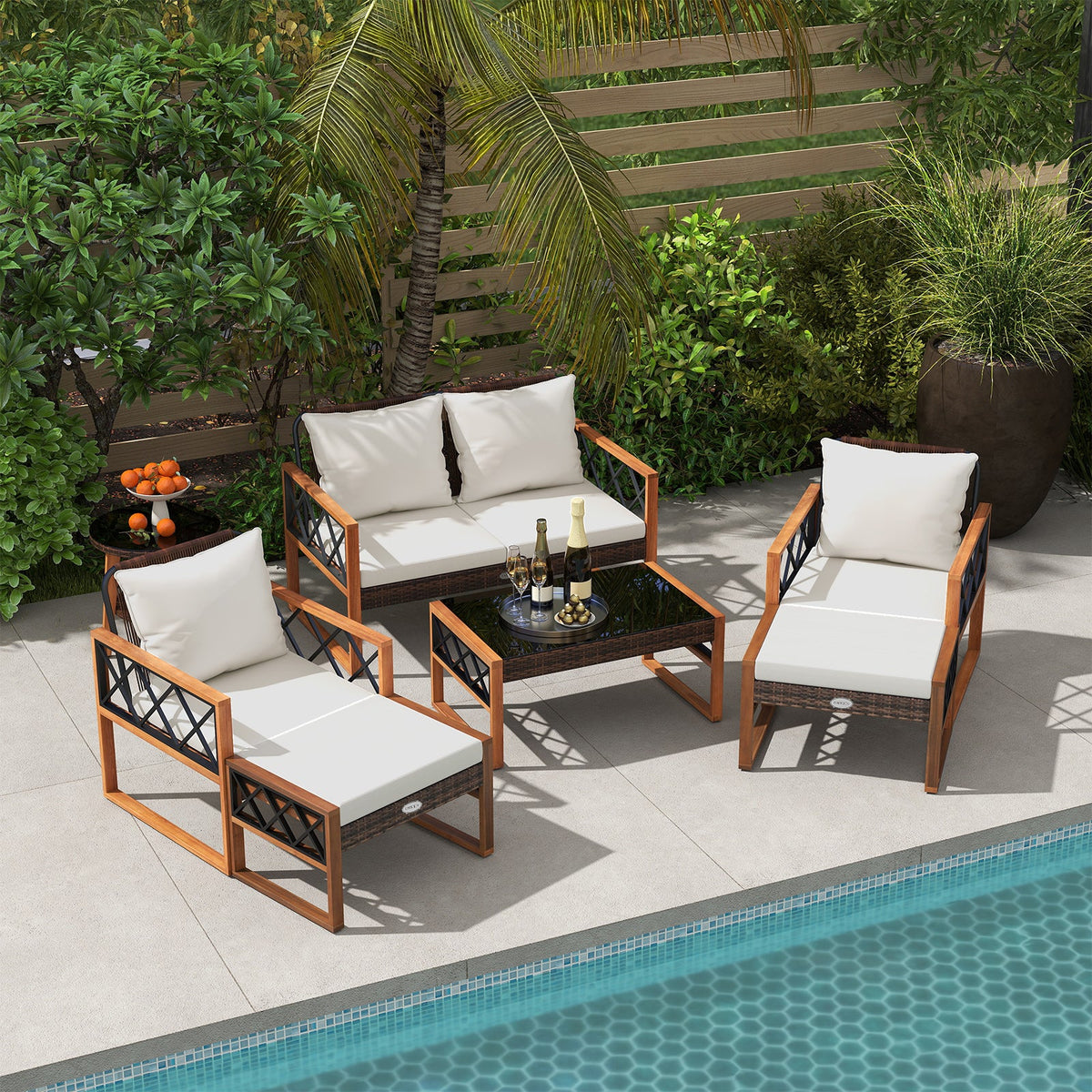 7-Piece Wicker & Acacia Wood Patio Conversation Set